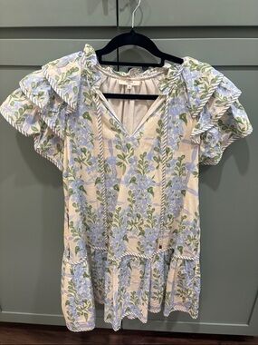 entro Floral Ruffle Sleeve Dress in Light Blue, Green and Cream